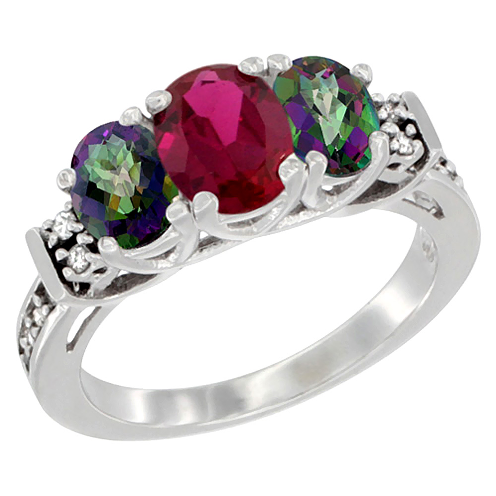 14K White Gold Natural Quality Ruby & Mystic Topaz 3-stone Mothers Ring Oval Diamond Accent, size 5-10