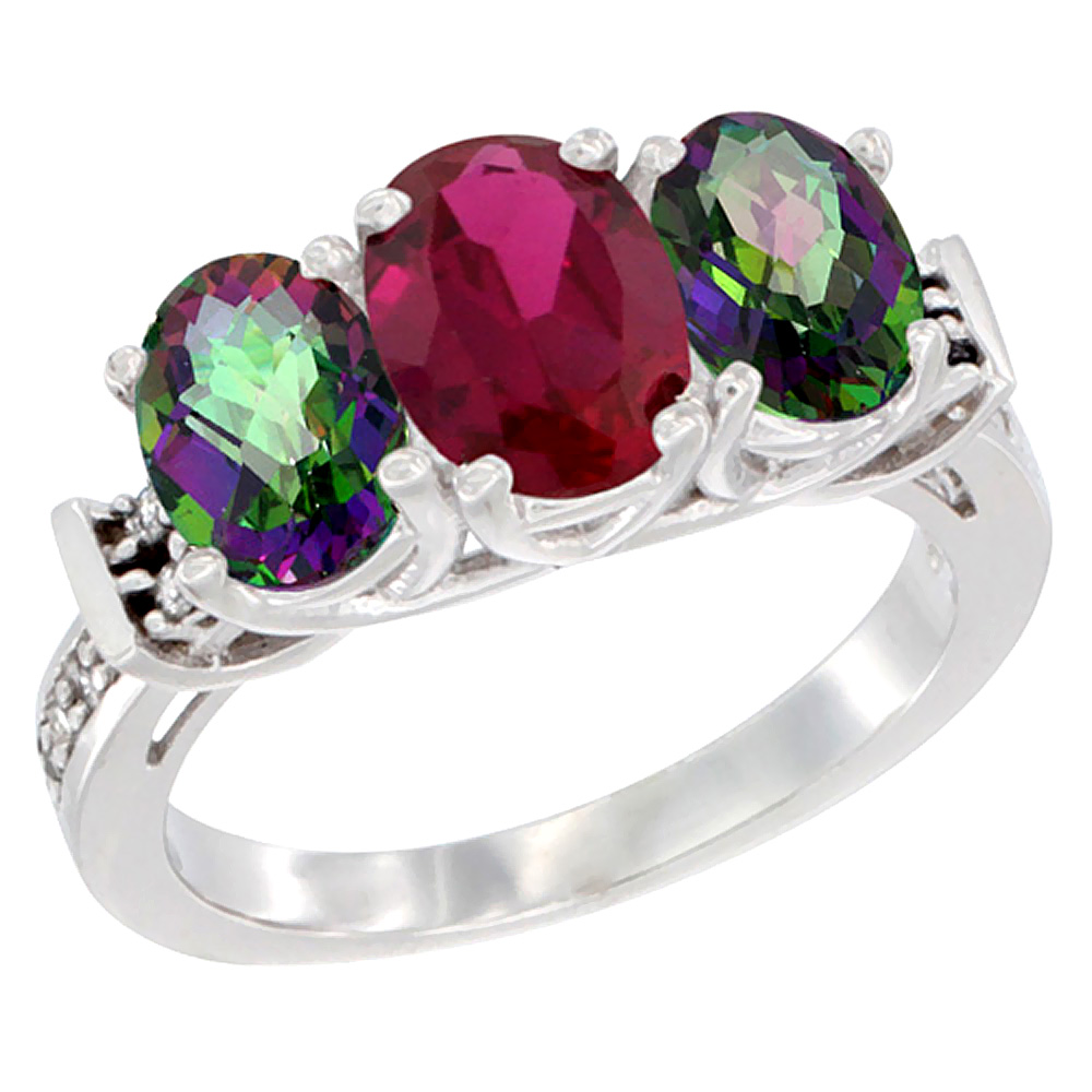 14K White Gold Natural High Quality Ruby & Mystic Topaz Sides Ring 3-Stone Oval Diamond Accent, sizes 5 - 10