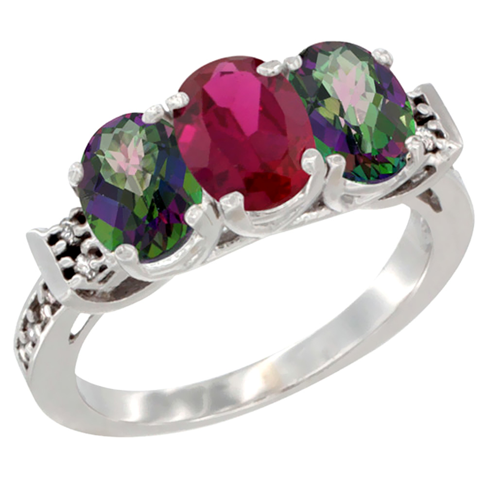 14K White Gold Enhanced Ruby &amp; Natural Mystic Topaz Sides Ring 3-Stone Oval 7x5 mm Diamond Accent, sizes 5 - 10