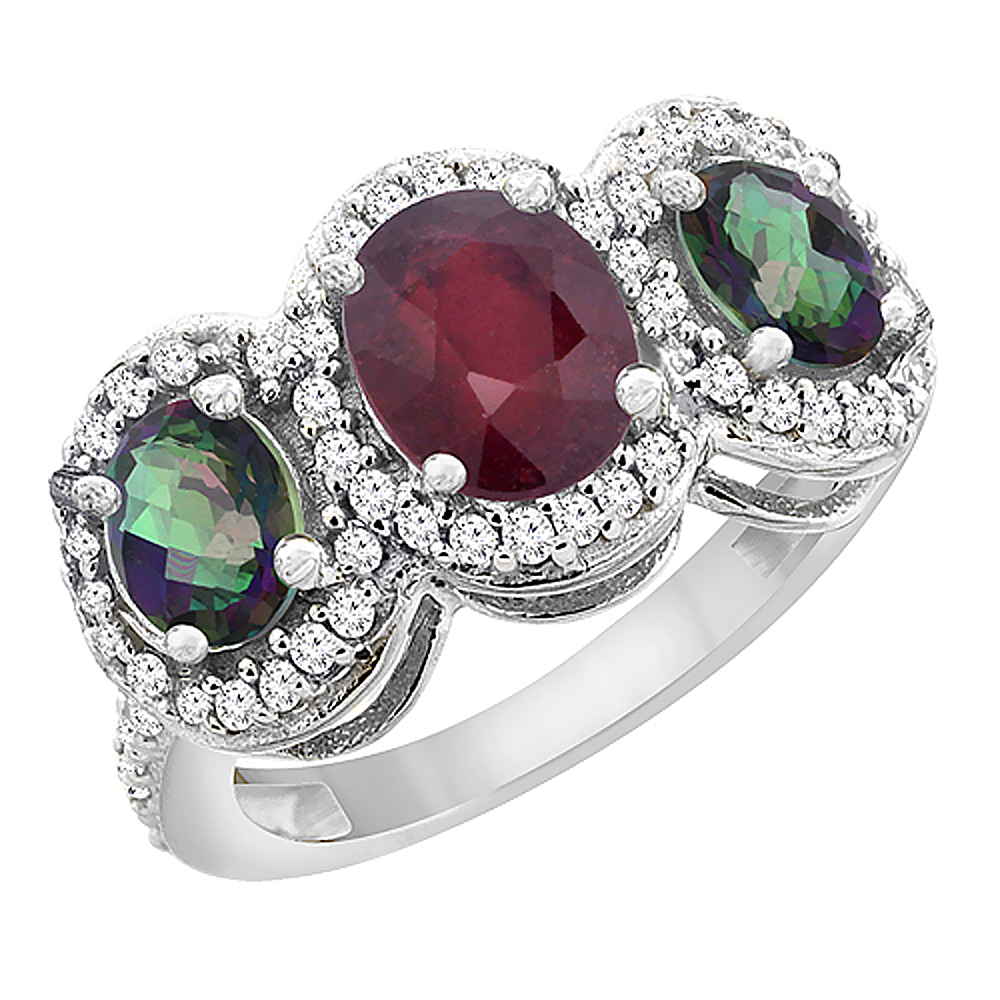 14K White Gold Natural Quality Ruby &amp; Mystic Topaz 3-stone Mothers Ring Oval Diamond Accent, size 5 - 10