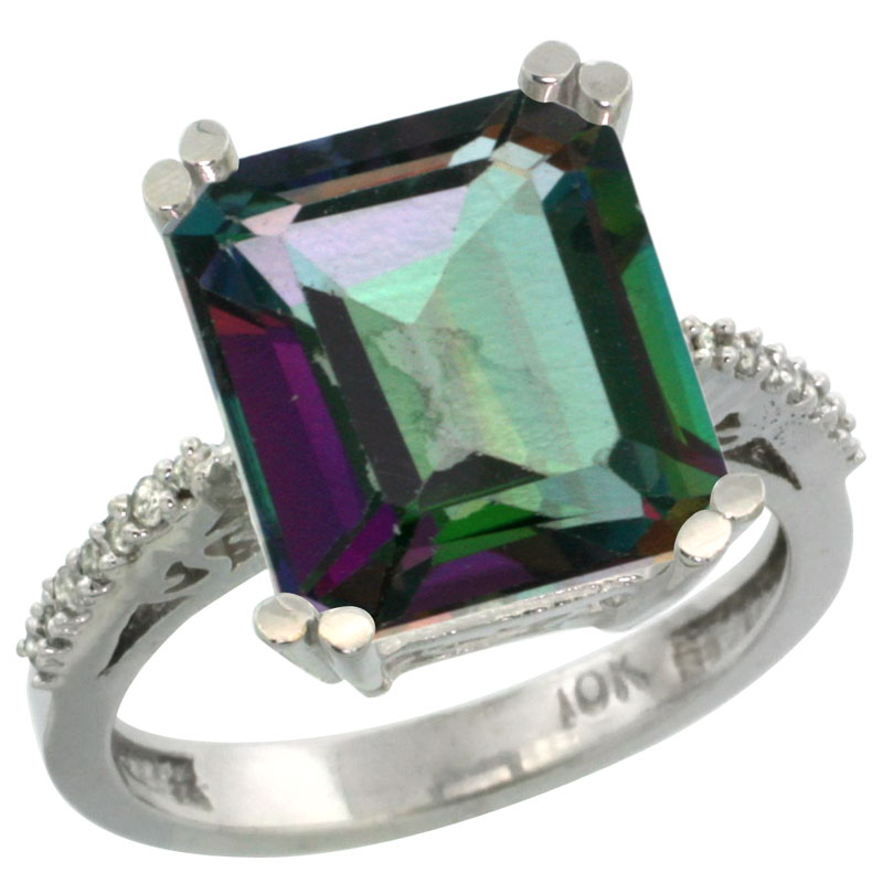 10K White Gold Natural Diamond Mystic Topaz Ring Emerald-cut 12x10mm, sizes 5-10