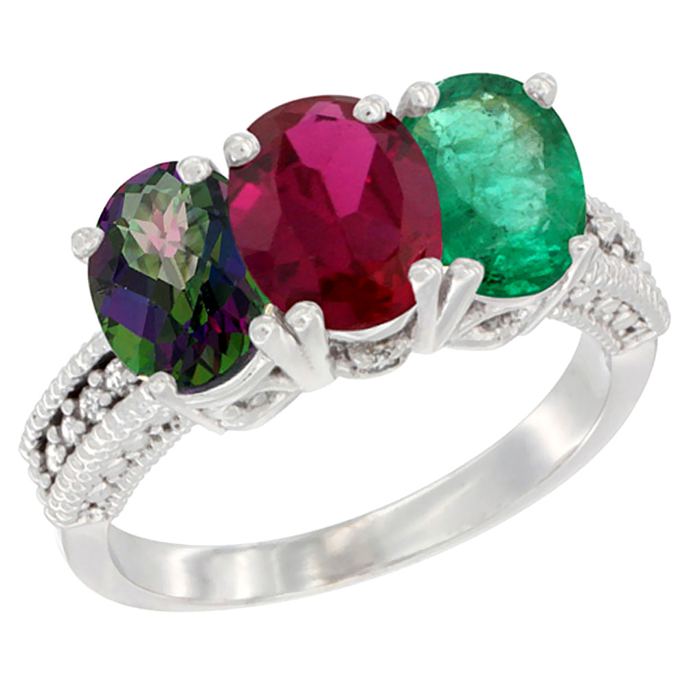 14K White Gold Natural Mystic Topaz, Enhanced Ruby &amp; Natural Emerald Ring 3-Stone 7x5 mm Oval Diamond Accent, sizes 5 - 10