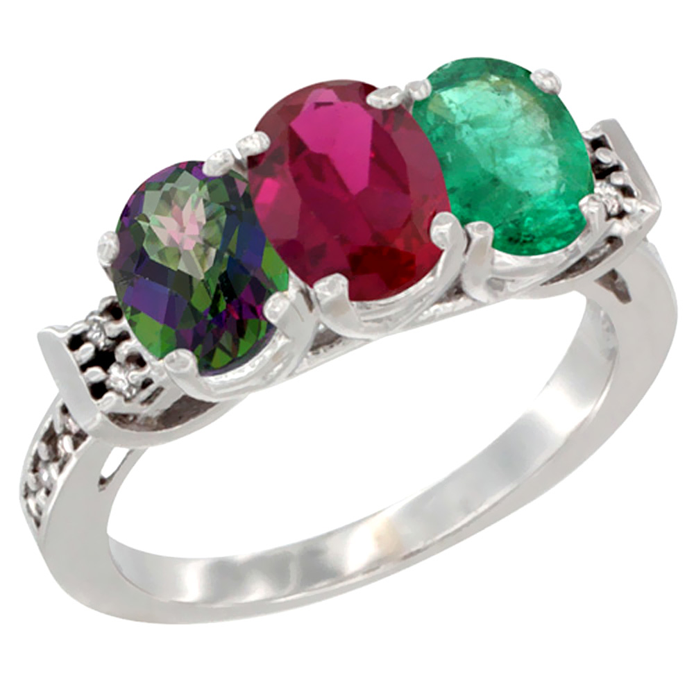 14K White Gold Natural Mystic Topaz, Enhanced Ruby &amp; Natural Emerald Ring 3-Stone Oval 7x5 mm Diamond Accent, sizes 5 - 10