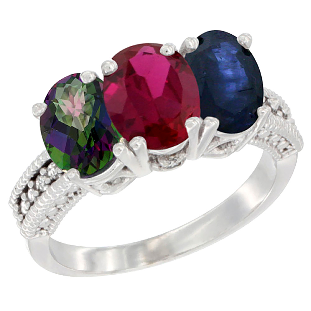 14K White Gold Natural Mystic Topaz, Enhanced Ruby &amp; Natural Blue Sapphire Ring 3-Stone 7x5 mm Oval Diamond Accent, sizes 5 - 10
