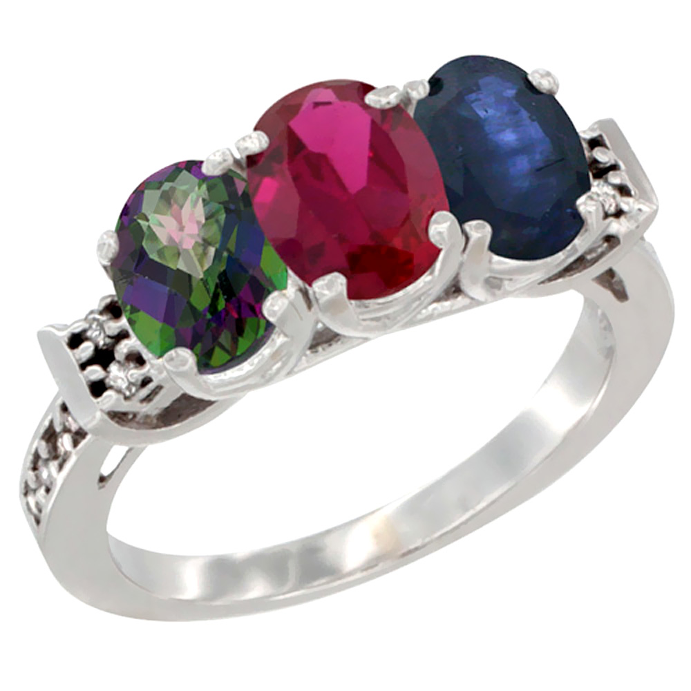 14K White Gold Natural Mystic Topaz, Enhanced Ruby & Natural Blue Sapphire Ring 3-Stone Oval 7x5 mm Diamond Accent, sizes 5 - 10