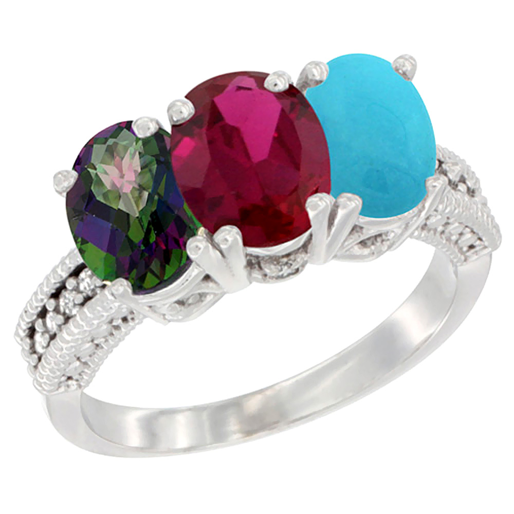 14K White Gold Natural Mystic Topaz, Enhanced Ruby &amp; Natural Turquoise Ring 3-Stone 7x5 mm Oval Diamond Accent, sizes 5 - 10