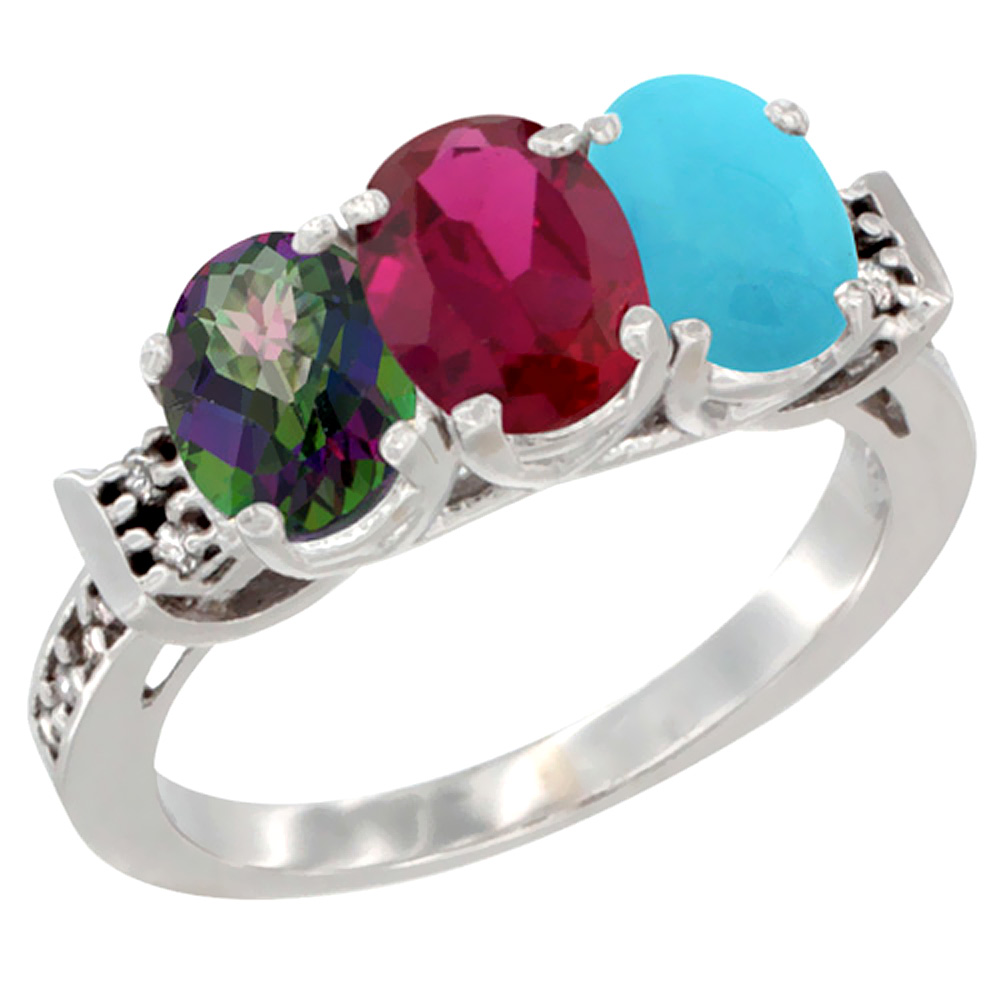 14K White Gold Natural Mystic Topaz, Enhanced Ruby &amp; Natural Turquoise Ring 3-Stone Oval 7x5 mm Diamond Accent, sizes 5 - 10