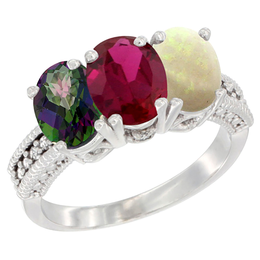 14K White Gold Natural Mystic Topaz, Enhanced Ruby &amp; Natural Opal Ring 3-Stone 7x5 mm Oval Diamond Accent, sizes 5 - 10