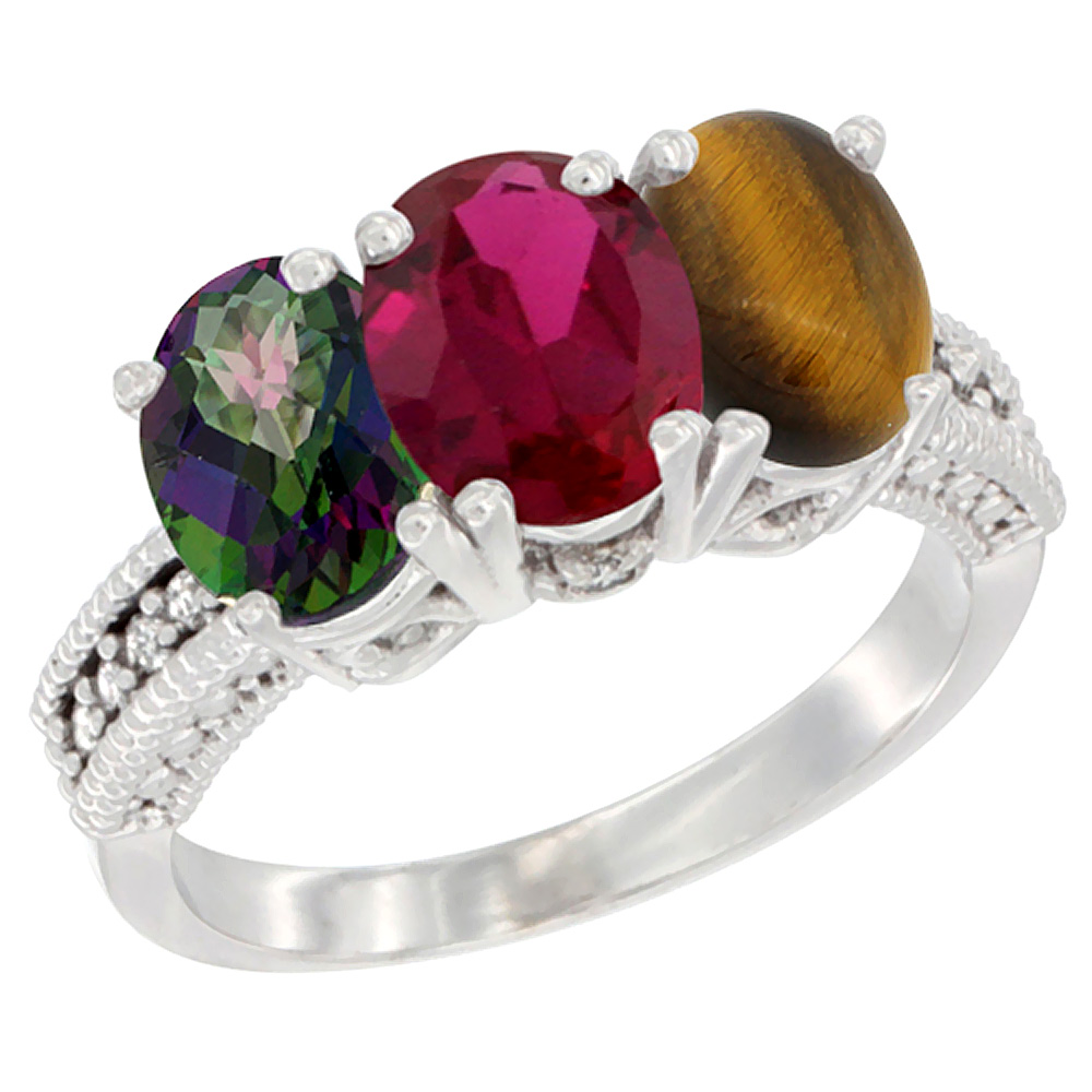 14K White Gold Natural Mystic Topaz, Enhanced Ruby & Natural Tiger Eye Ring 3-Stone 7x5 mm Oval Diamond Accent, sizes 5 - 10
