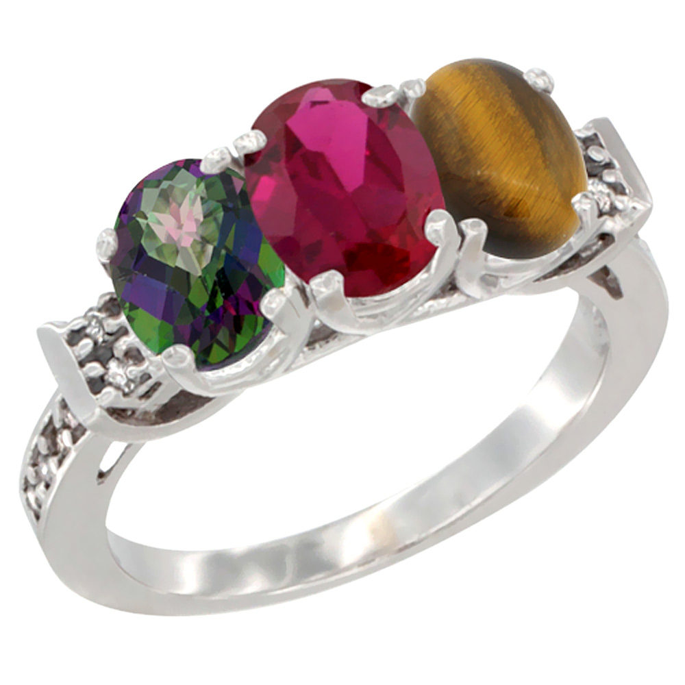 14K White Gold Natural Mystic Topaz, Enhanced Ruby &amp; Natural Tiger Eye Ring 3-Stone Oval 7x5 mm Diamond Accent, sizes 5 - 10