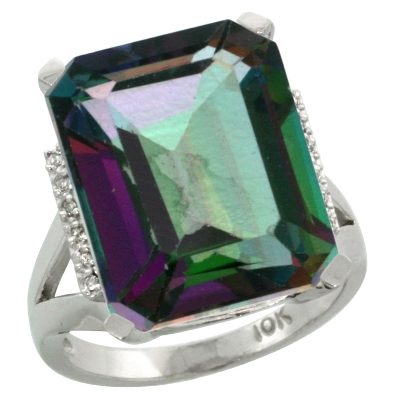 14K White Gold Diamond Natural Mystic Topaz Ring Emerald-cut 16x12mm, sizes 5-10