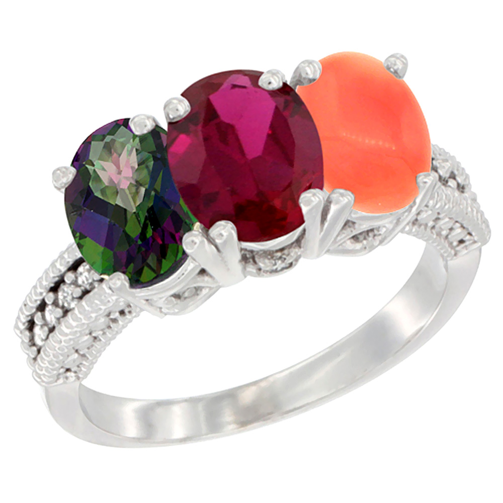 10K White Gold Natural Mystic Topaz, Enhanced Ruby &amp; Natural Coral Ring 3-Stone Oval 7x5 mm Diamond Accent, sizes 5 - 10