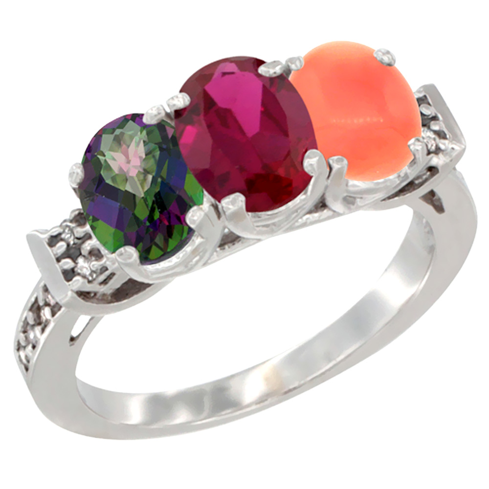 10K White Gold Natural Mystic Topaz, Enhanced Ruby & Natural Coral Ring 3-Stone Oval 7x5 mm Diamond Accent, sizes 5 - 10
