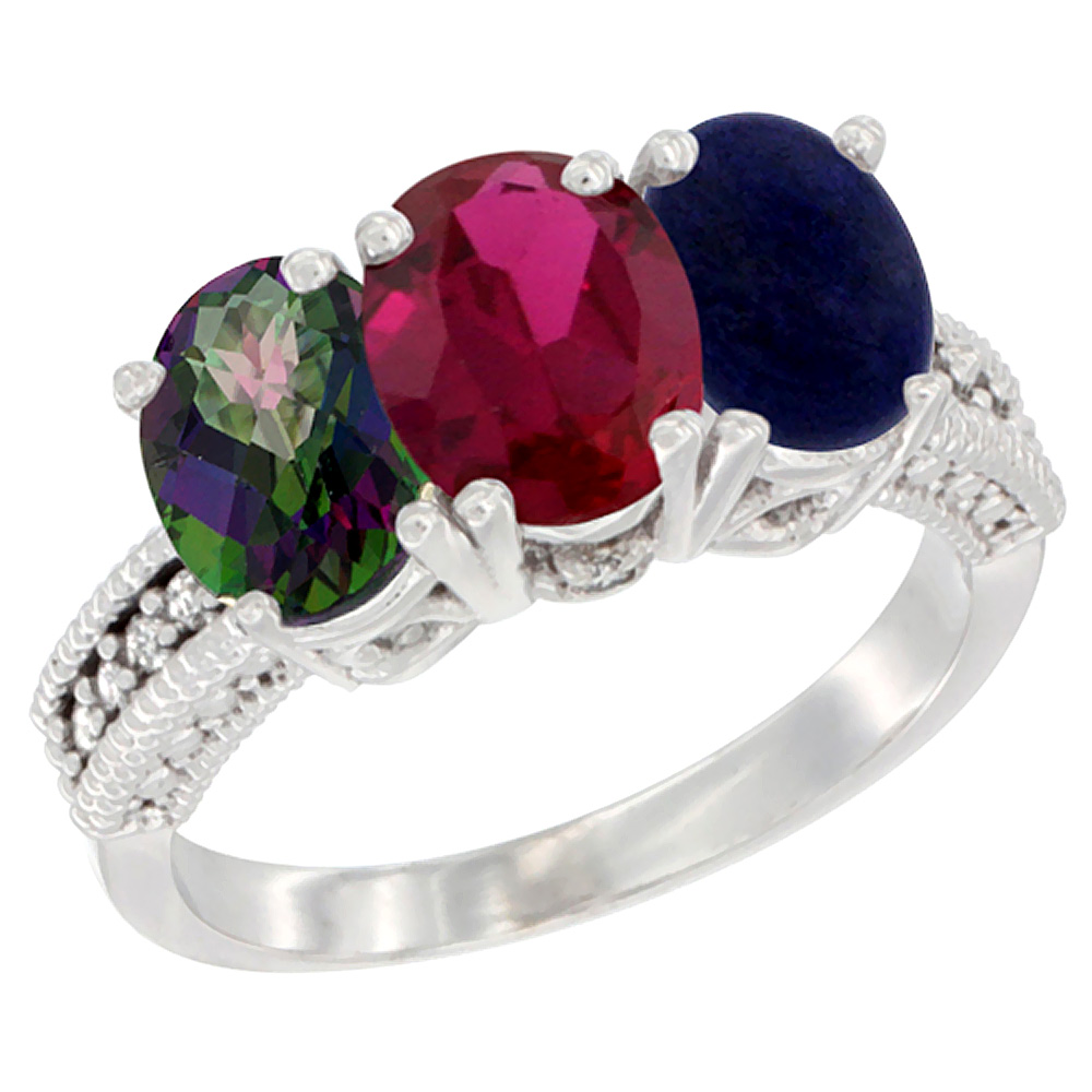 14K White Gold Natural Mystic Topaz, Enhanced Ruby & Natural Lapis Ring 3-Stone 7x5 mm Oval Diamond Accent, sizes 5 - 10
