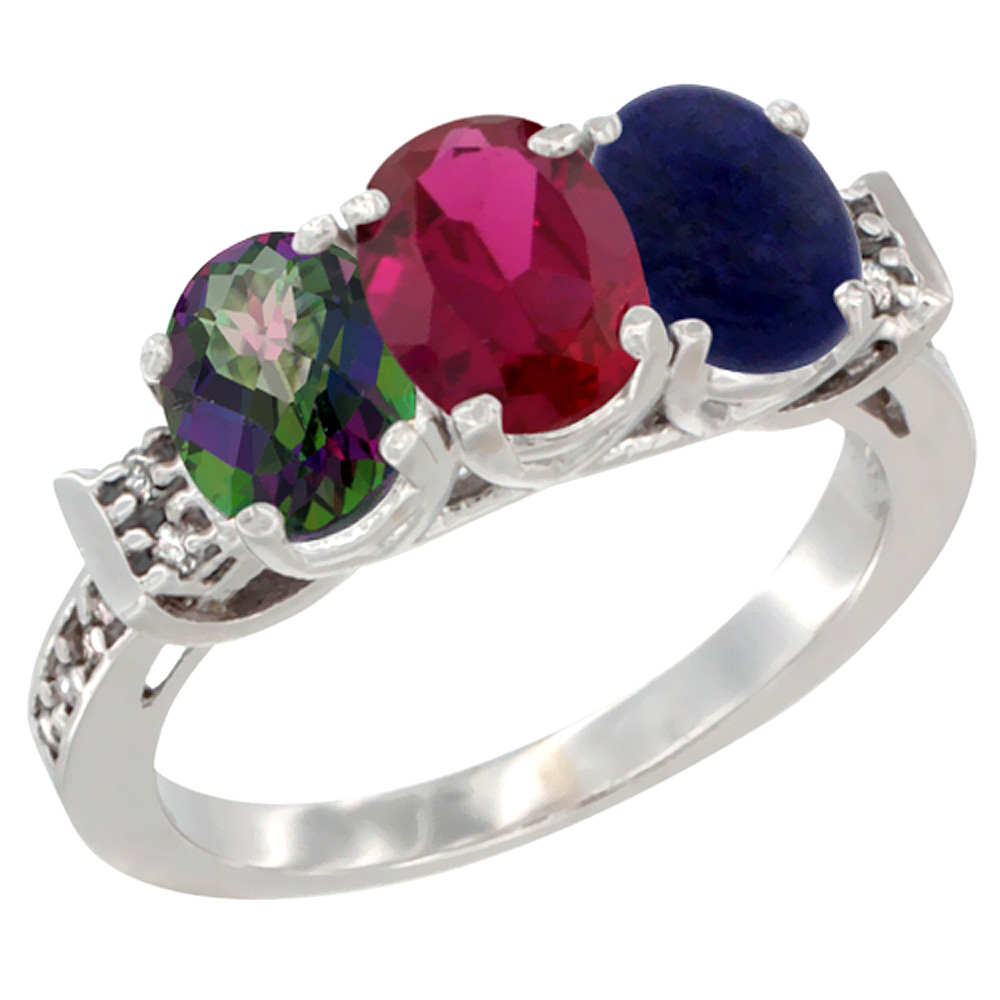 10K White Gold Natural Mystic Topaz, Enhanced Ruby &amp; Natural Lapis Ring 3-Stone Oval 7x5 mm Diamond Accent, sizes 5 - 10