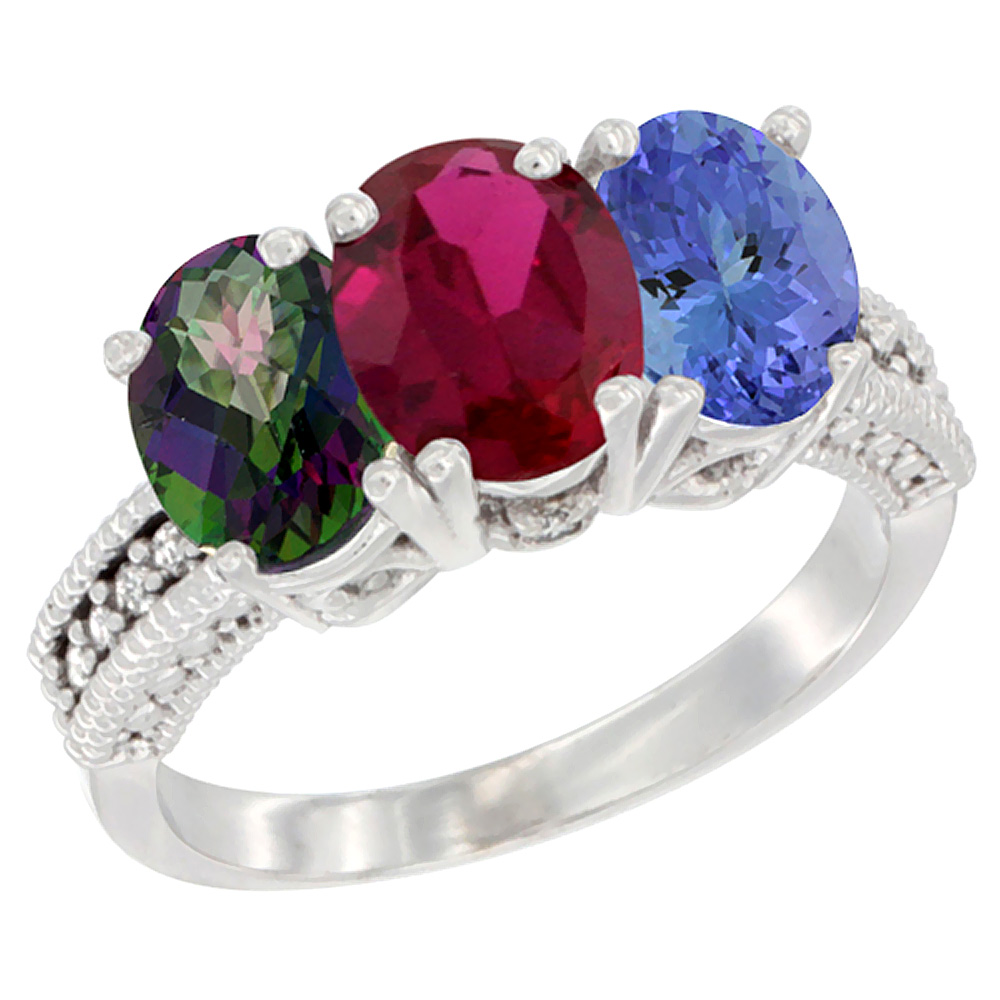 14K White Gold Natural Mystic Topaz, Enhanced Ruby &amp; Natural Tanzanite Ring 3-Stone 7x5 mm Oval Diamond Accent, sizes 5 - 10