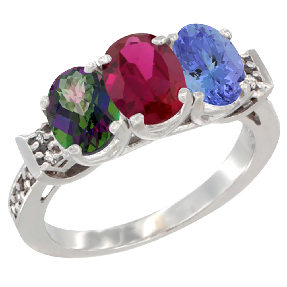 14K White Gold Natural Mystic Topaz, Enhanced Ruby &amp; Natural Tanzanite Ring 3-Stone Oval 7x5 mm Diamond Accent, sizes 5 - 10
