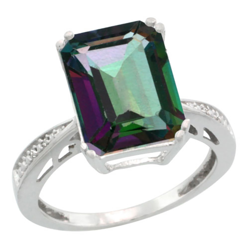 14K White Gold Natural Diamond Mystic Topaz Ring Emerald-cut 12x10mm, sizes 5-10