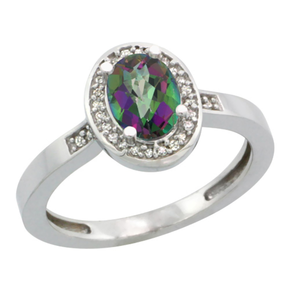 10K White Gold Natural Diamond Mystic Topaz Engagement Ring Oval 7x5mm, sizes 5-10