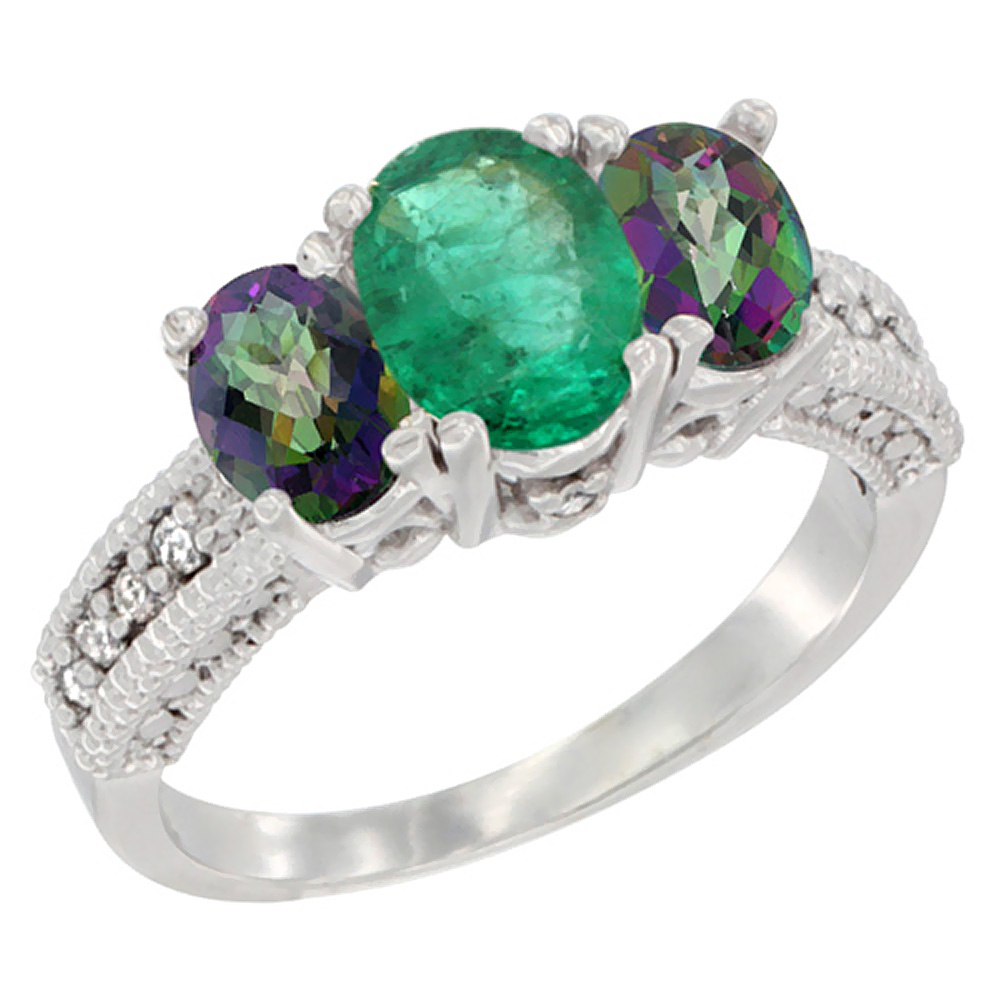 10K White Gold Diamond Natural Emerald Ring Oval 3-stone with Mystic Topaz, sizes 5 - 10