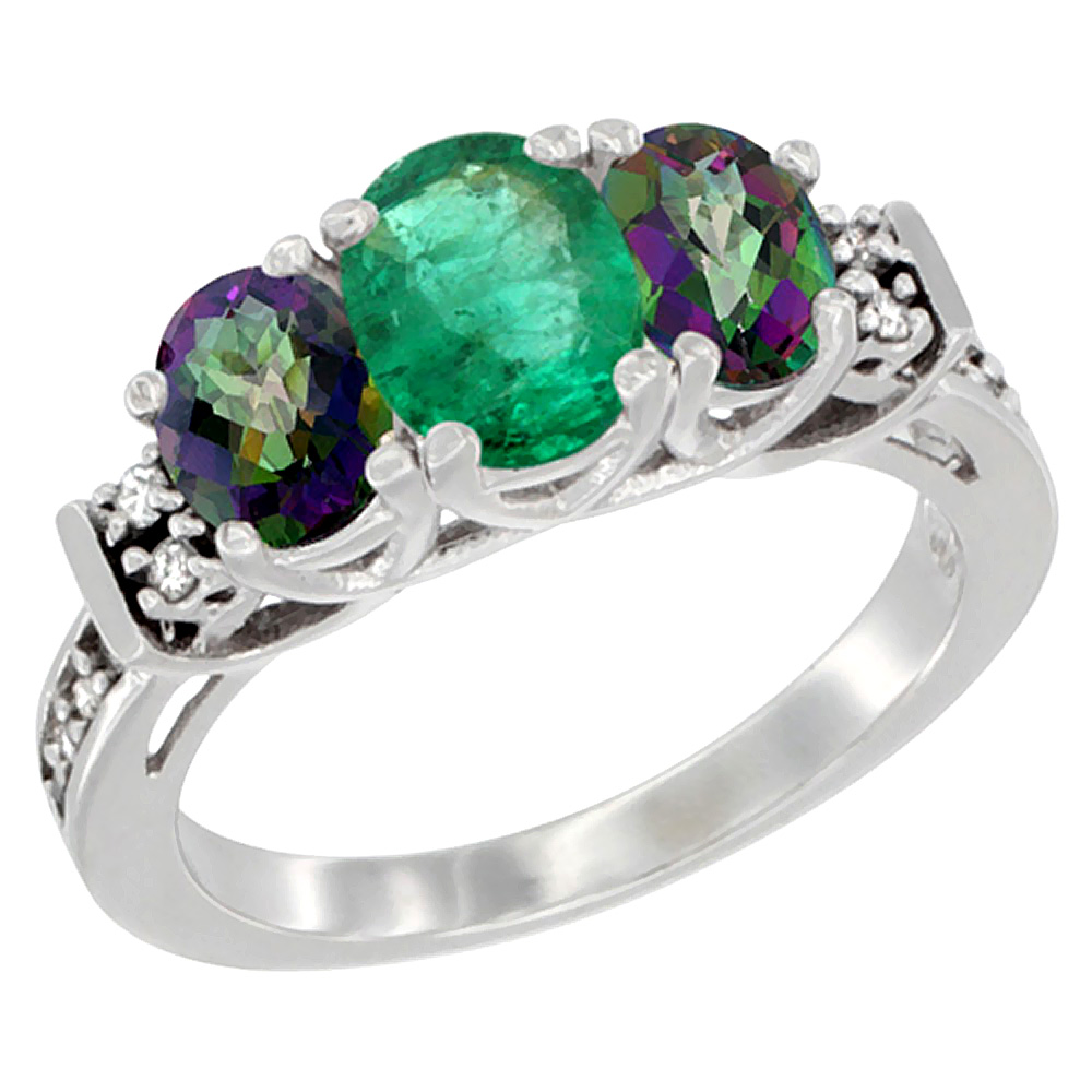 14K White Gold Natural Emerald &amp; Mystic Topaz Ring 3-Stone Oval Diamond Accent, sizes 5-10