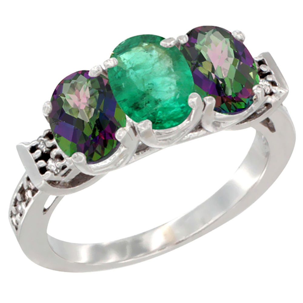 10K White Gold Natural Emerald &amp; Mystic Topaz Sides Ring 3-Stone Oval 7x5 mm Diamond Accent, sizes 5 - 10