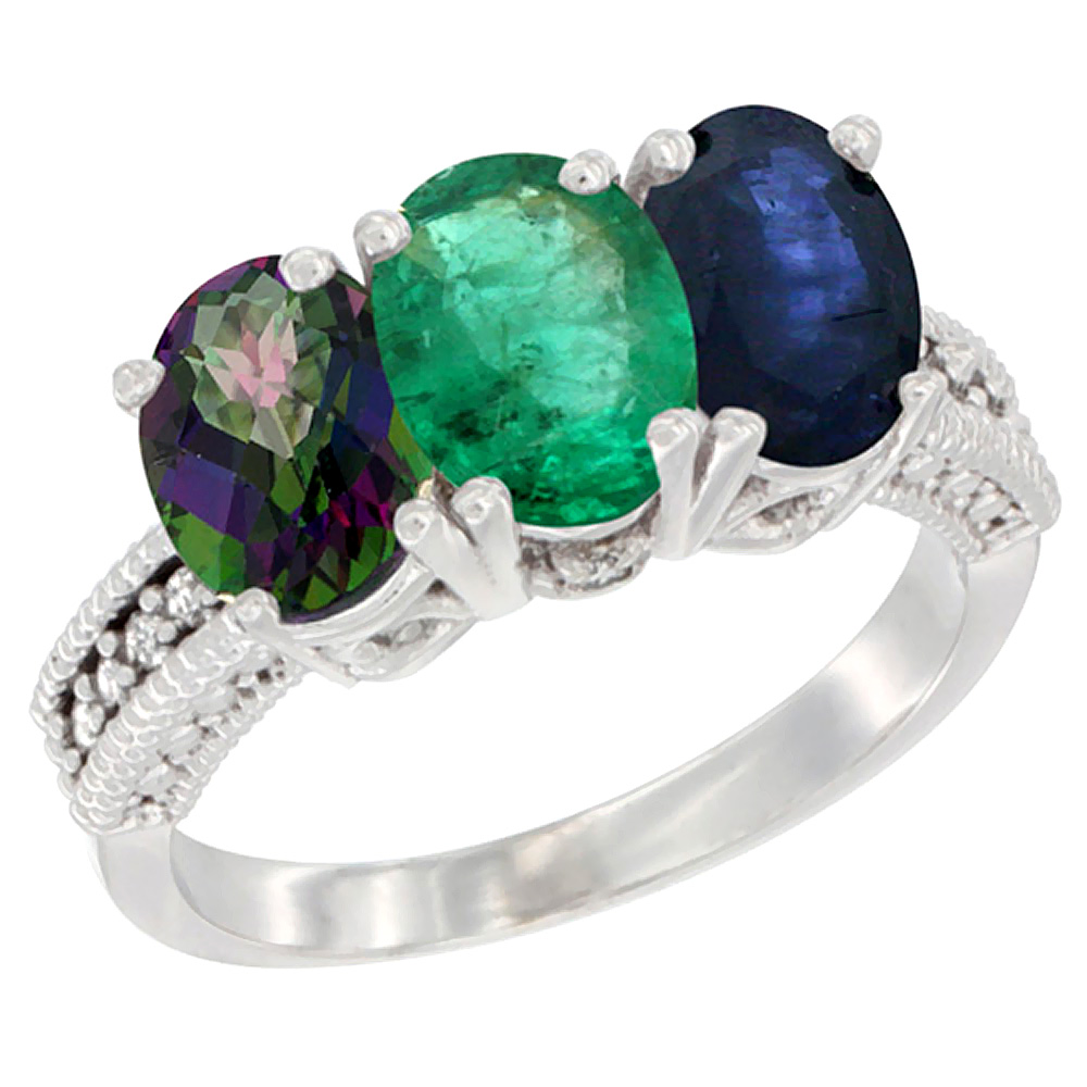 10K White Gold Natural Mystic Topaz, Emerald &amp; Blue Sapphire Ring 3-Stone Oval 7x5 mm Diamond Accent, sizes 5 - 10