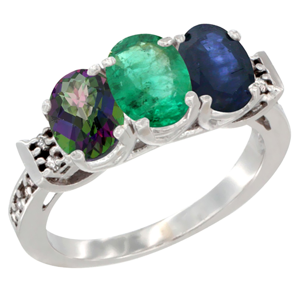 14K White Gold Natural Mystic Topaz, Emerald & Blue Sapphire Ring 3-Stone Oval 7x5 mm Diamond Accent, sizes 5 - 10