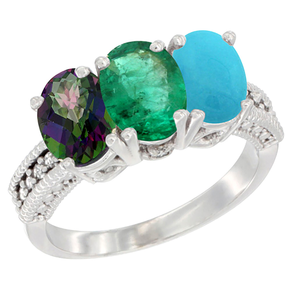 10K White Gold Natural Mystic Topaz, Emerald & Turquoise Ring 3-Stone Oval 7x5 mm Diamond Accent, sizes 5 - 10