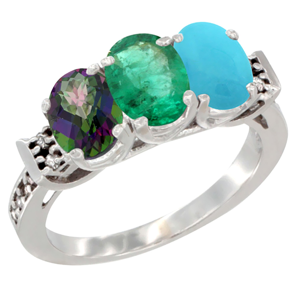 14K White Gold Natural Mystic Topaz, Emerald &amp; Turquoise Ring 3-Stone Oval 7x5 mm Diamond Accent, sizes 5 - 10