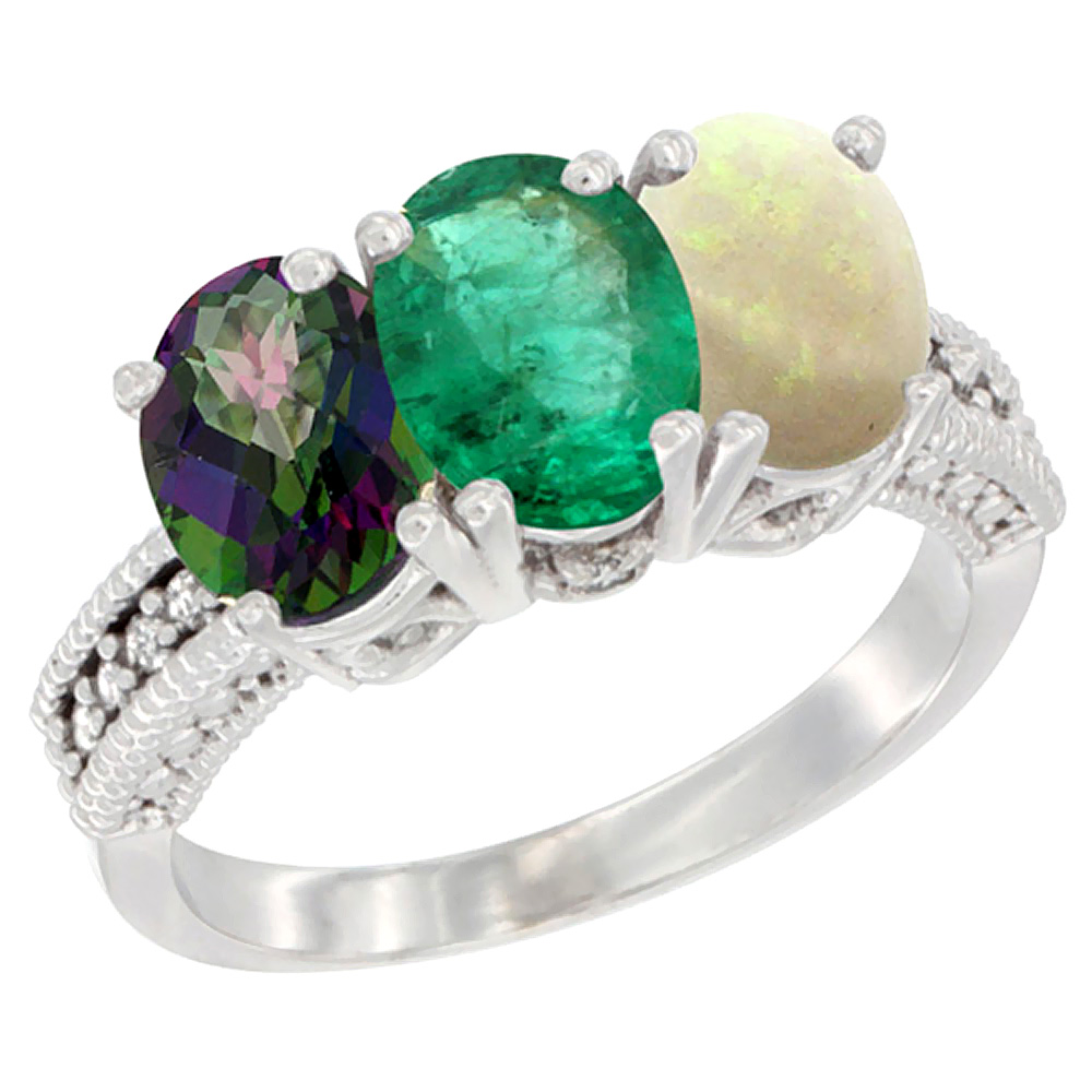 10K White Gold Natural Mystic Topaz, Emerald &amp; Opal Ring 3-Stone Oval 7x5 mm Diamond Accent, sizes 5 - 10