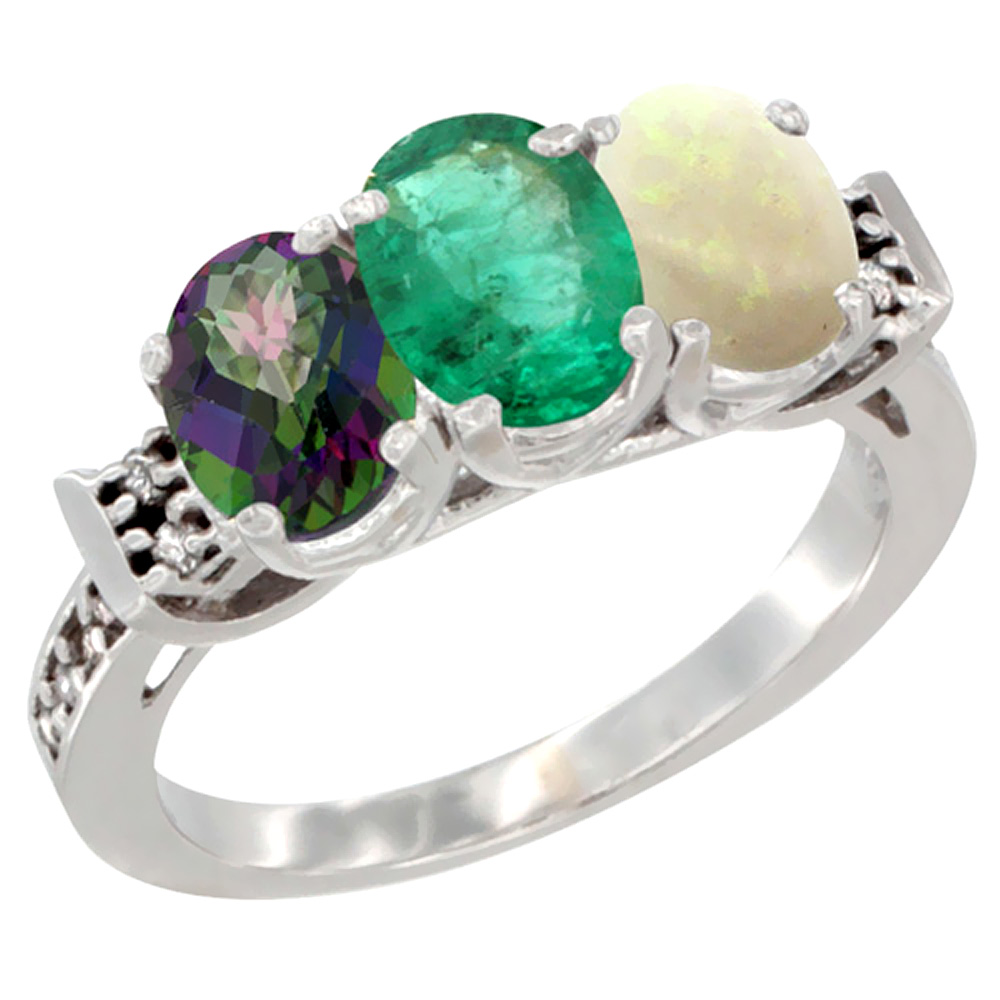 14K White Gold Natural Mystic Topaz, Emerald &amp; Opal Ring 3-Stone Oval 7x5 mm Diamond Accent, sizes 5 - 10