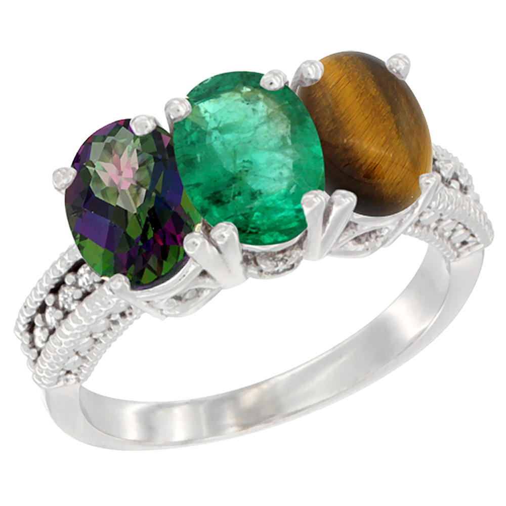 10K White Gold Natural Mystic Topaz, Emerald & Tiger Eye Ring 3-Stone Oval 7x5 mm Diamond Accent, sizes 5 - 10