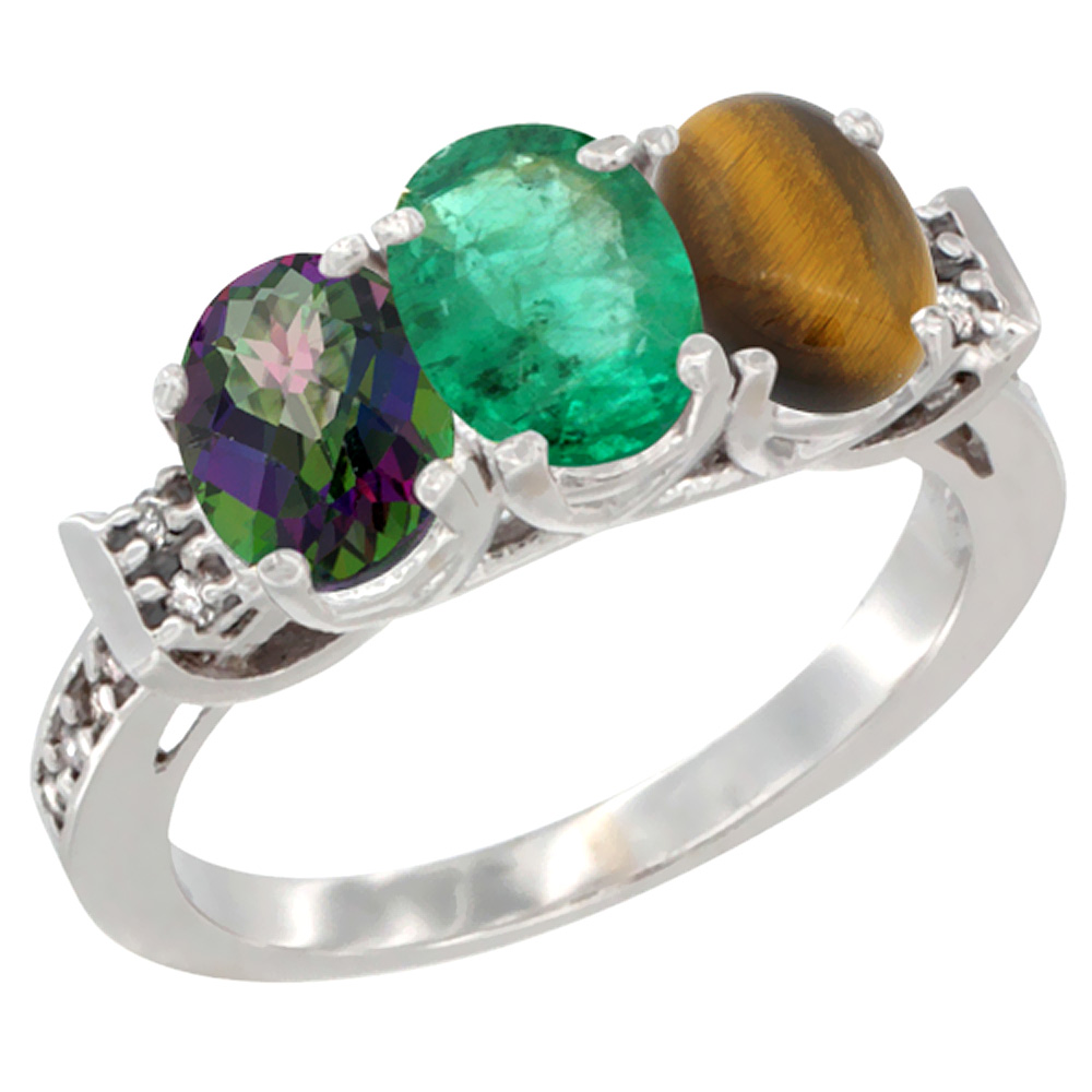 10K White Gold Natural Mystic Topaz, Emerald &amp; Tiger Eye Ring 3-Stone Oval 7x5 mm Diamond Accent, sizes 5 - 10