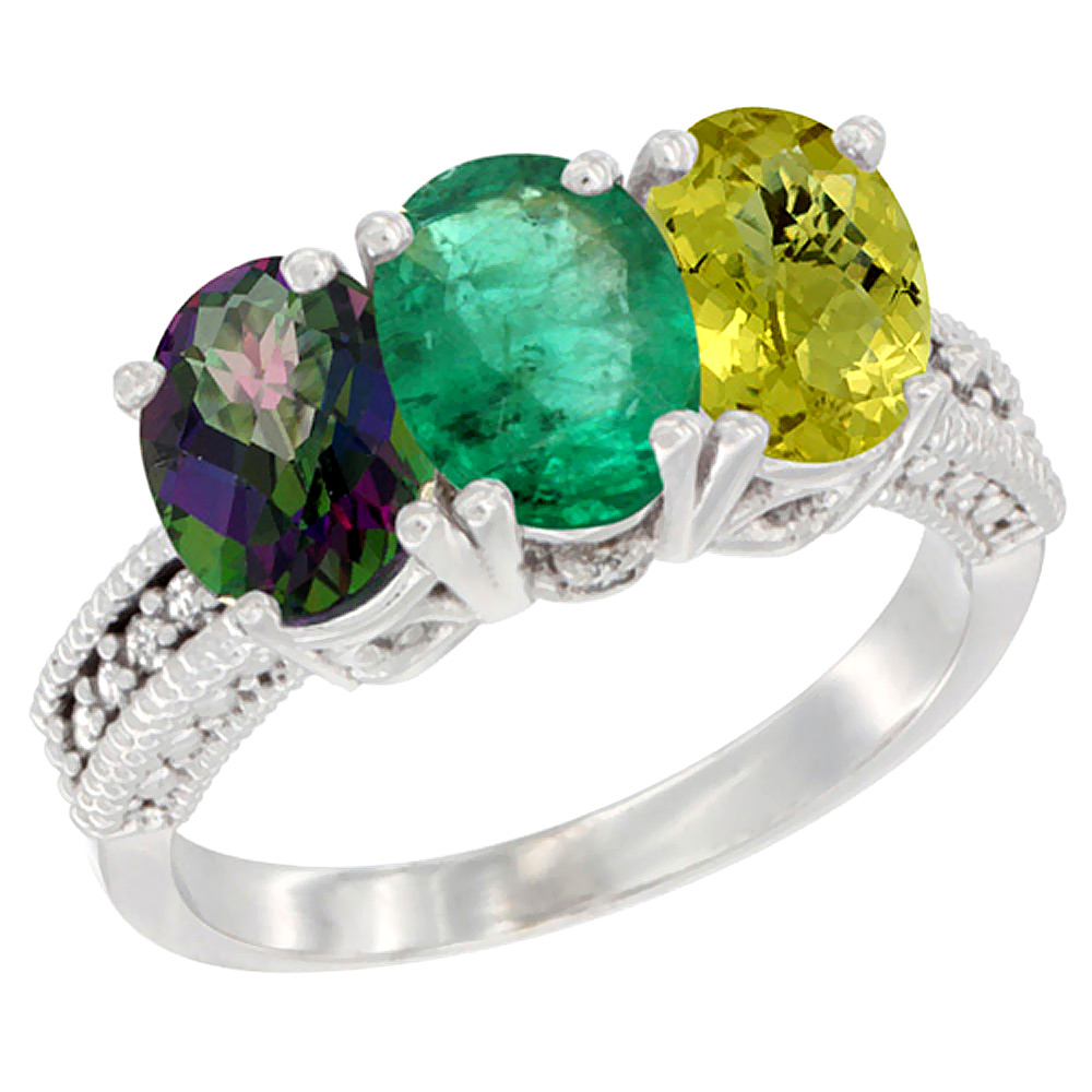 10K White Gold Natural Mystic Topaz, Emerald & Lemon Quartz Ring 3-Stone Oval 7x5 mm Diamond Accent, sizes 5 - 10