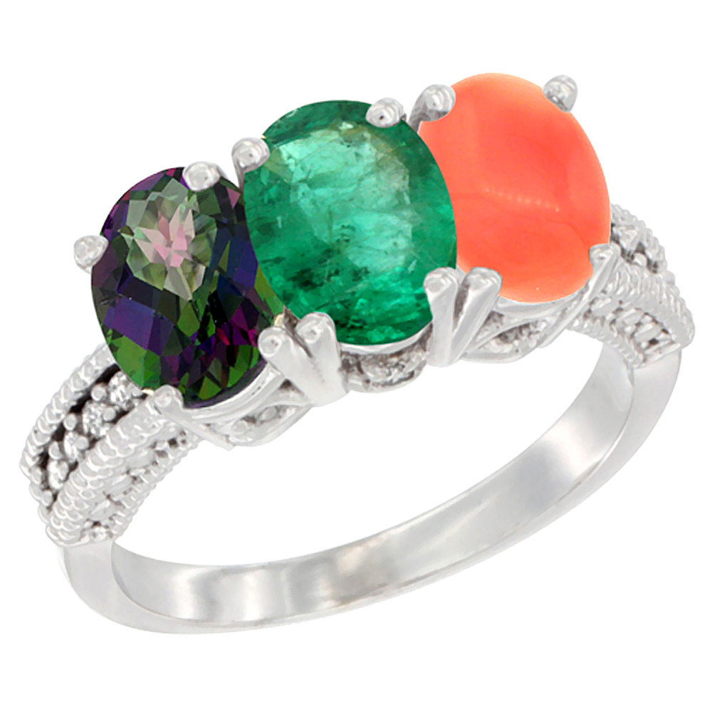 10K White Gold Natural Mystic Topaz, Emerald & Coral Ring 3-Stone Oval 7x5 mm Diamond Accent, sizes 5 - 10