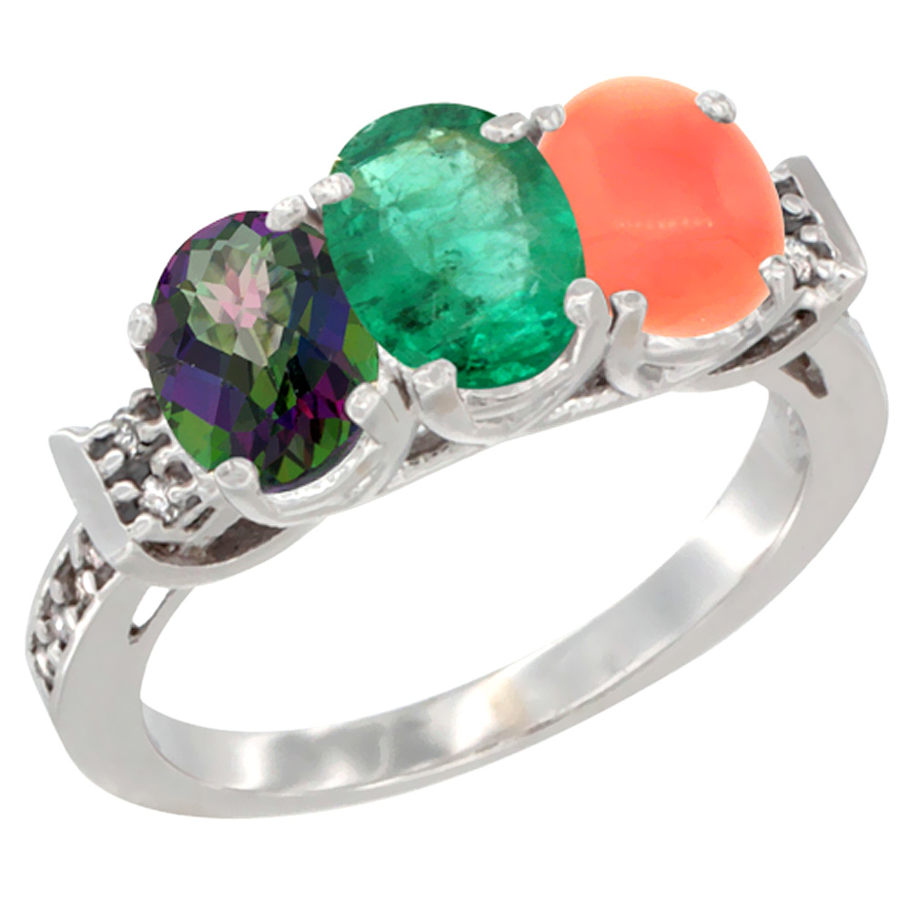 10K White Gold Natural Mystic Topaz, Emerald & Coral Ring 3-Stone Oval 7x5 mm Diamond Accent, sizes 5 - 10