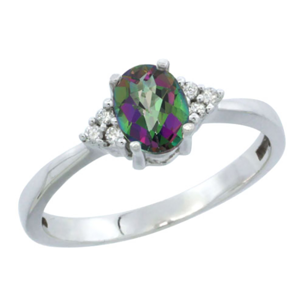 10K White Gold Natural Mystic Topaz Ring Oval 6x4mm Diamond Accent, sizes 5-10