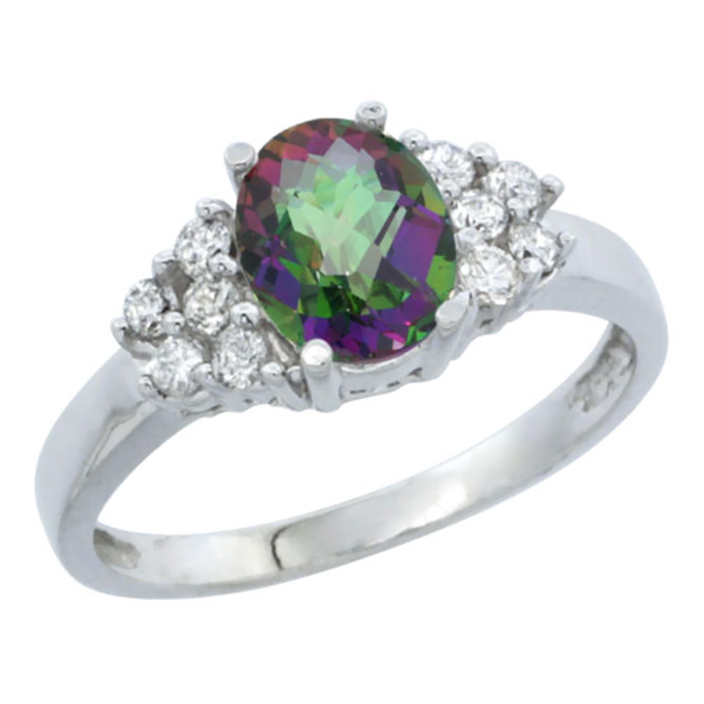 10K White Gold Natural Mystic Topaz Ring Oval 8x6mm Diamond Accent, sizes 5-10