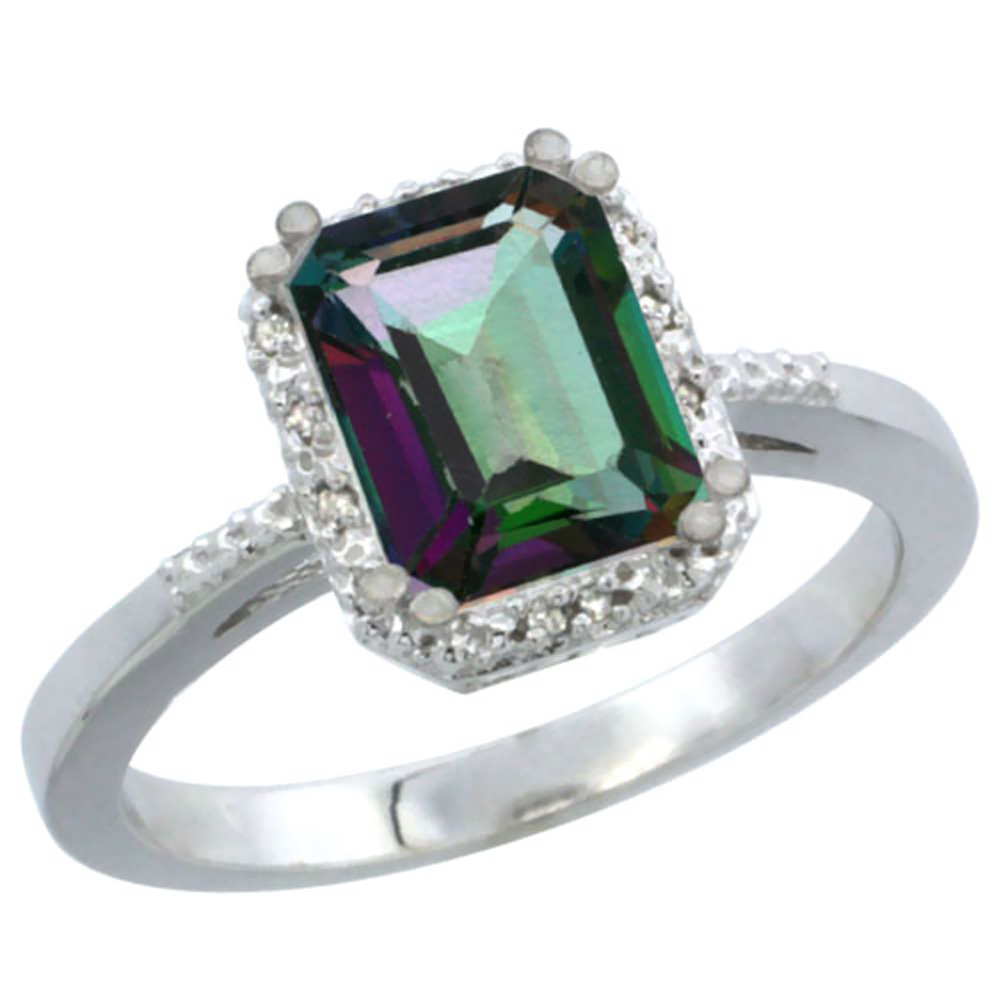 14K White Gold Natural Mystic Topaz Ring Emerald-shape 8x6mm Diamond Accent, sizes 5-10