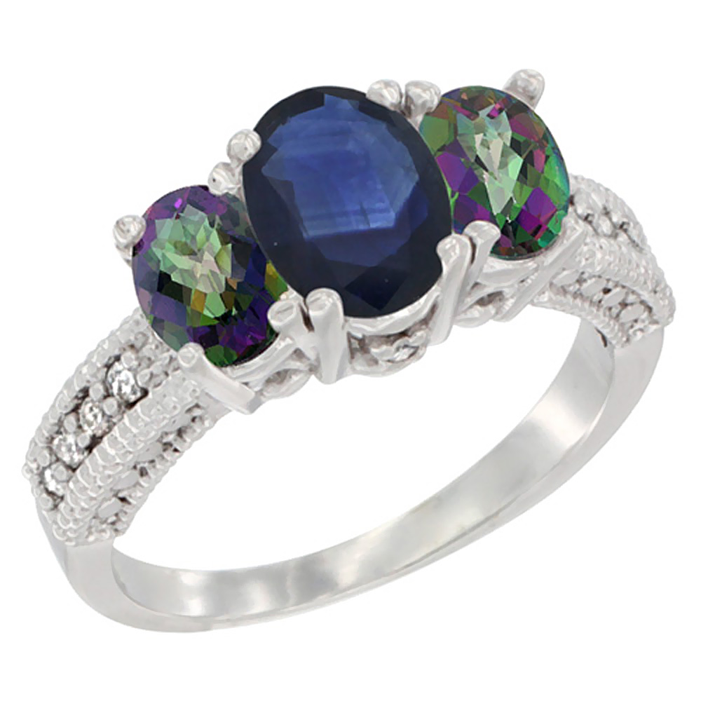 14K White Gold Diamond Natural Blue Sapphire Ring Oval 3-stone with Mystic Topaz, sizes 5 - 10