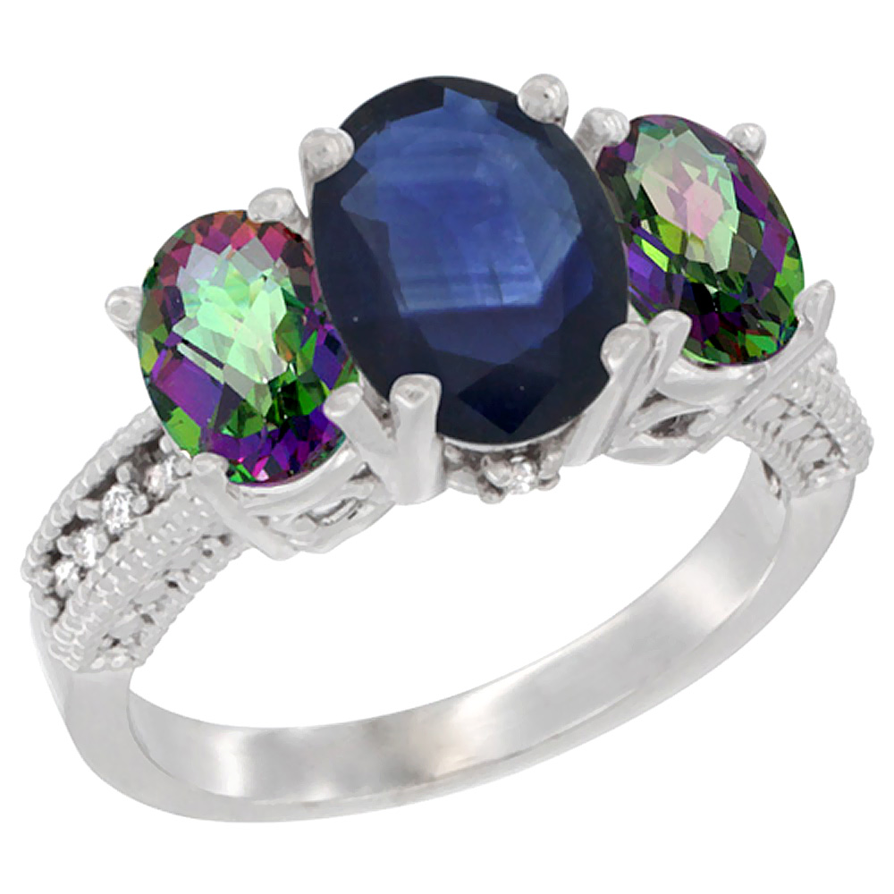 14K White Gold Diamond Natural Blue Sapphire Ring 3-Stone Oval 8x6mm with Mystic Topaz, sizes5-10