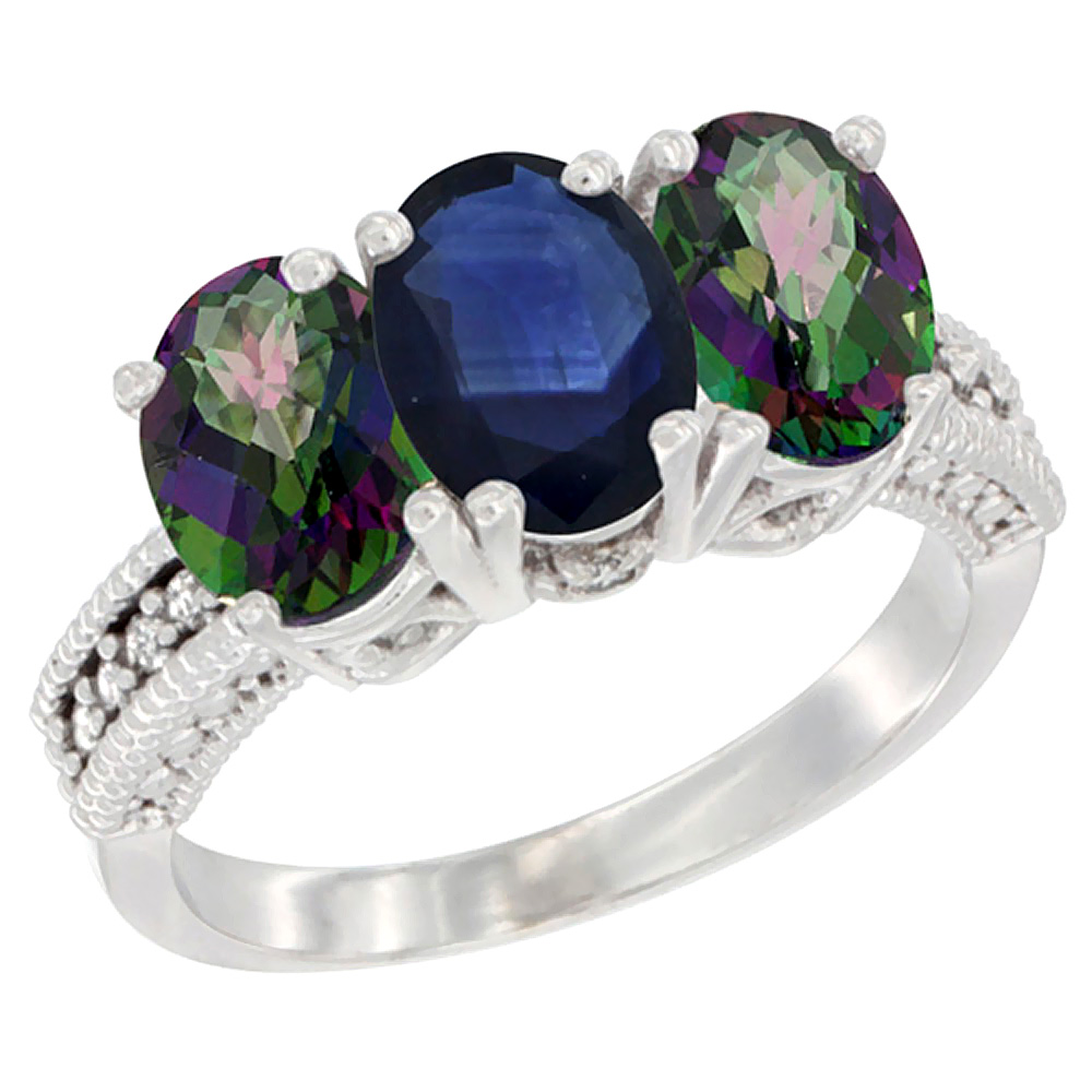 14K White Gold Natural Blue Sapphire &amp; Mystic Topaz Sides Ring 3-Stone 7x5 mm Oval Diamond Accent, sizes 5 - 10