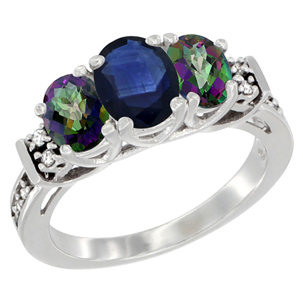 14K White Gold Natural Blue Sapphire & Mystic Topaz Ring 3-Stone Oval Diamond Accent, sizes 5-10