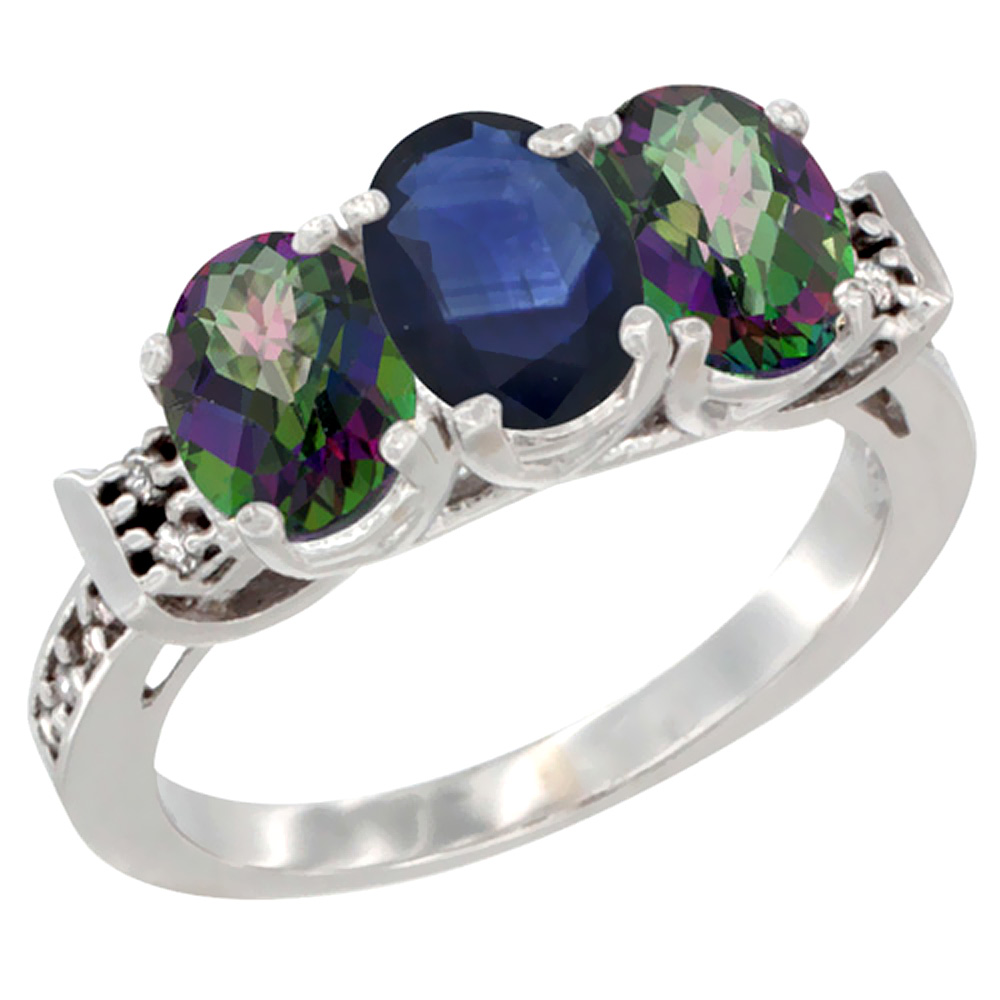 10K White Gold Natural Blue Sapphire &amp; Mystic Topaz Sides Ring 3-Stone Oval 7x5 mm Diamond Accent, sizes 5 - 10