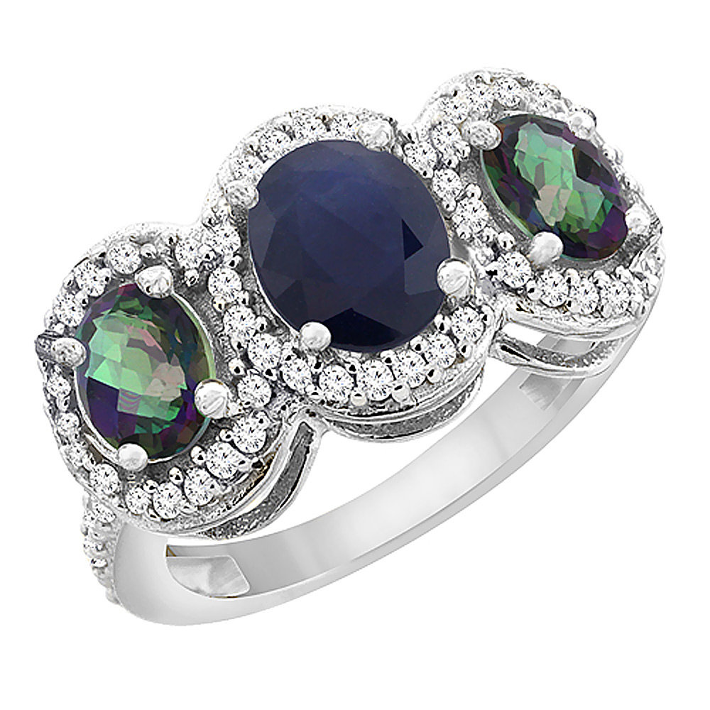 10K White Gold Natural Blue Sapphire &amp; Mystic Topaz 3-Stone Ring Oval Diamond Accent, sizes 5 - 10
