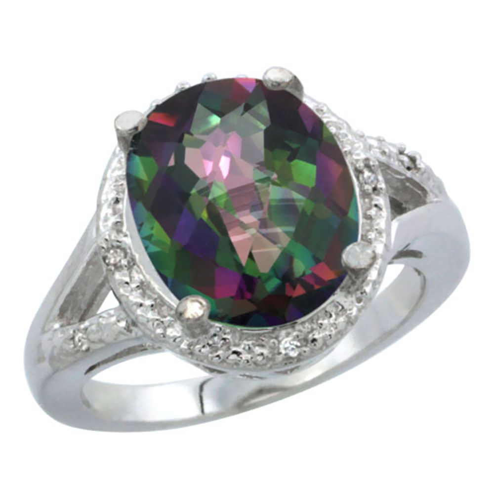 10K White Gold Natural Mystic Topaz Ring Oval 12x10mm Diamond Accent, sizes 5-10