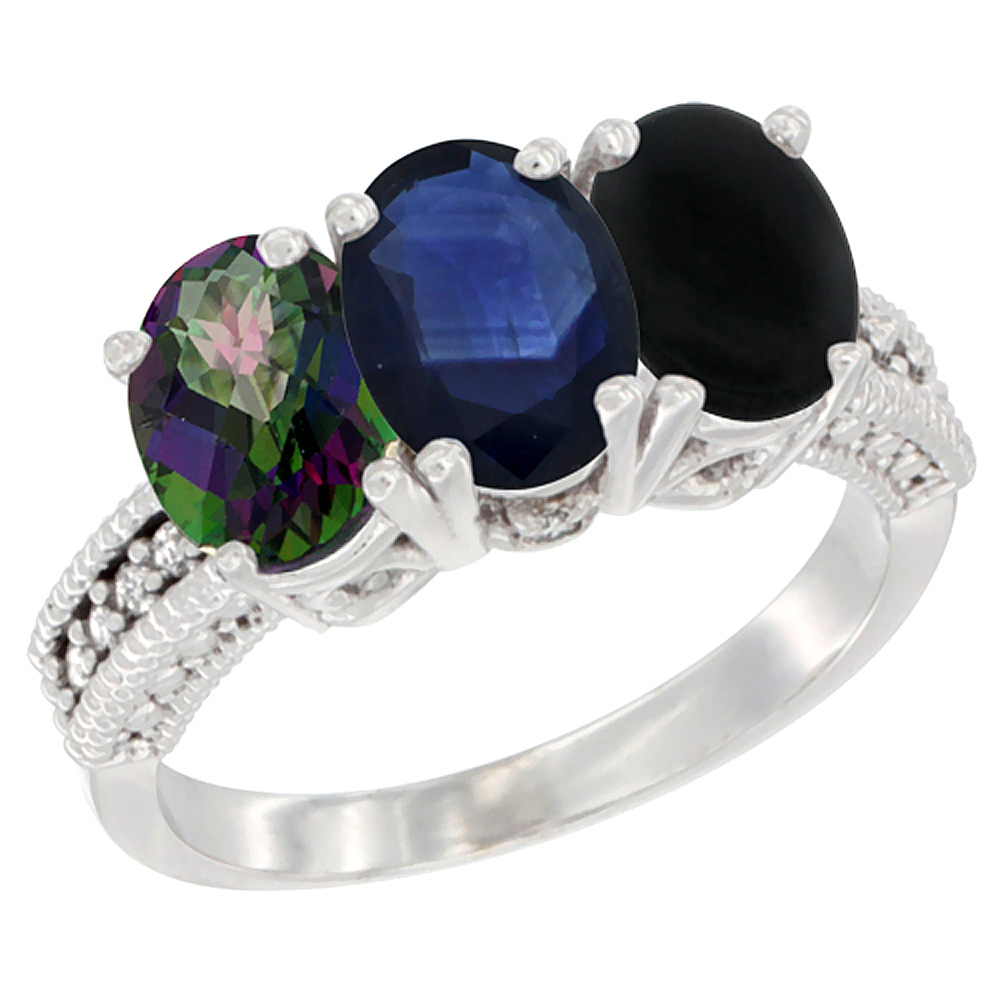 10K White Gold Natural Mystic Topaz, Blue Sapphire &amp; Black Onyx Ring 3-Stone Oval 7x5 mm Diamond Accent, sizes 5 - 10