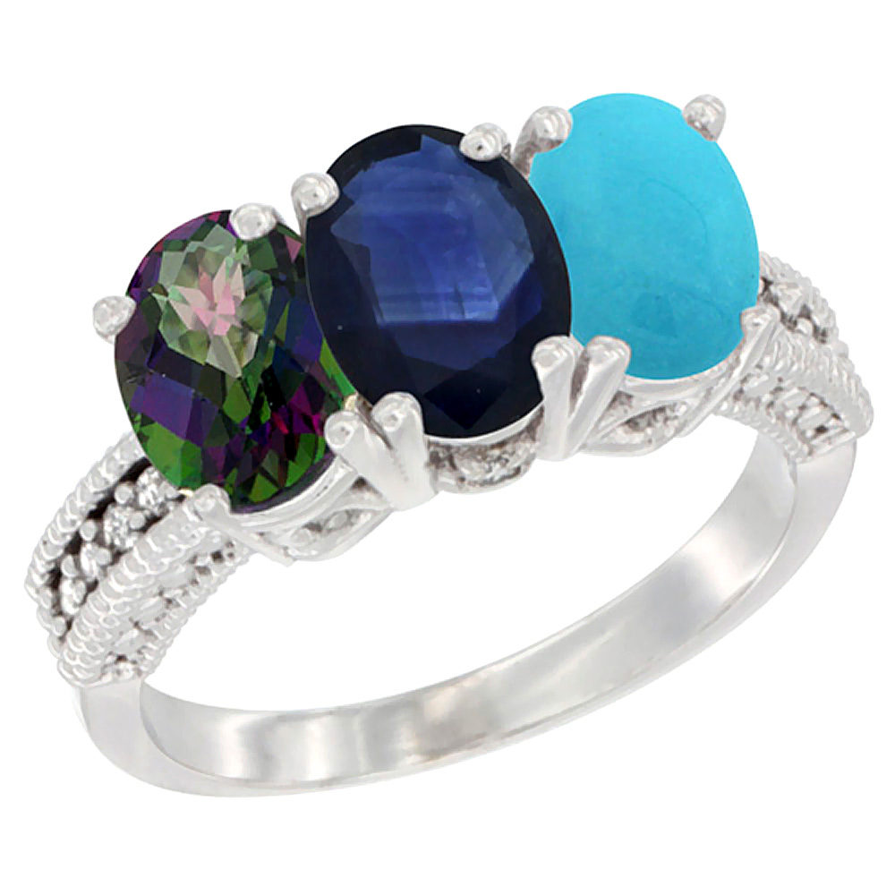 14K White Gold Natural Mystic Topaz, Blue Sapphire &amp; Turquoise Ring 3-Stone 7x5 mm Oval Diamond Accent, sizes 5 - 10