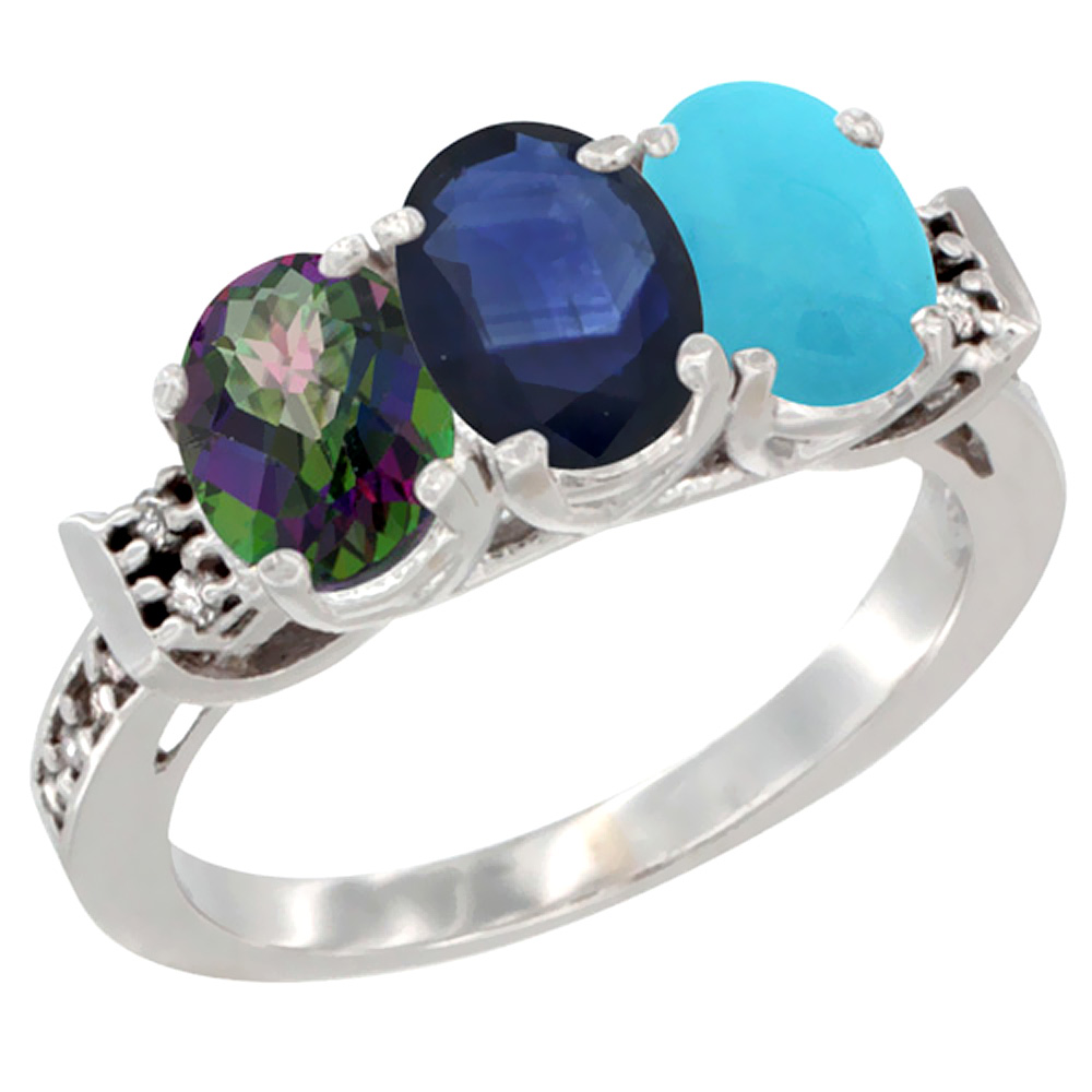 14K White Gold Natural Mystic Topaz, Blue Sapphire & Turquoise Ring 3-Stone 7x5 mm Oval Diamond Accent, sizes 5 - 10